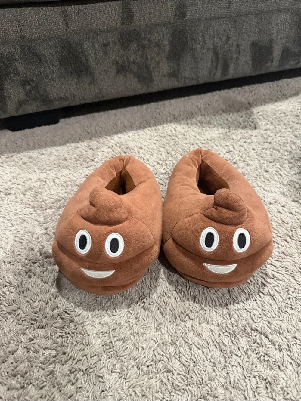 Kids Plush Brown Emoji Footie Slippers - Cozy Poop Face Design
